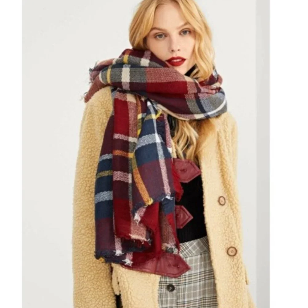 Oversized Plaid Blanket Scarf Red Navy Beige Soft Fringe Wrap Shawl Winter